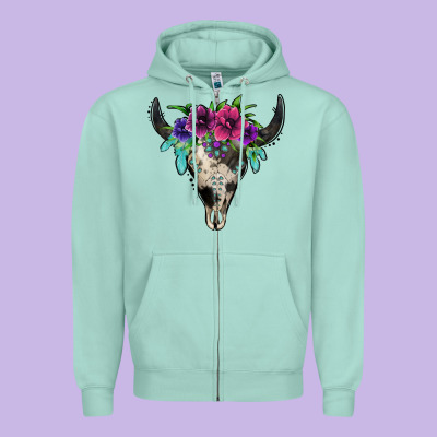 Cowhide Bull Skull Zipper Hoodie Designed By Jasminsmagicworld