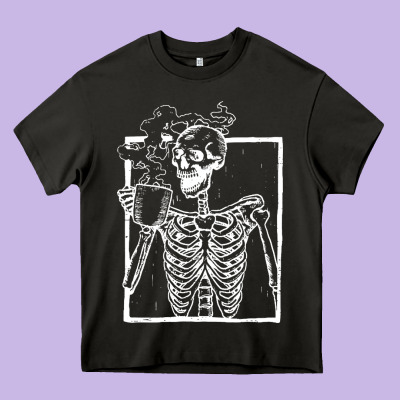Distressed Skeleton Vintage Smiling Skull Drinking Coffee Heavy Core Tee Designed By Artisfamous