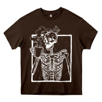Chocolate Brown distressed skeleton vintage smiling skull drinking coffee Heavy Core Tee - artisFamous