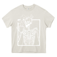 Cream distressed skeleton vintage smiling skull drinking coffee Heavy Core Tee - artisFamous