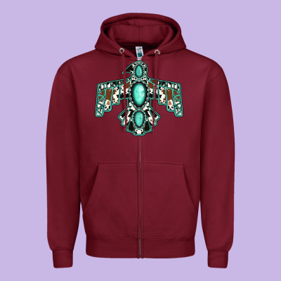 Cowhide Turquoise Thunderbird Zipper Hoodie Designed By Jasminsmagicworld