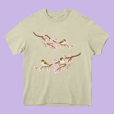 Cherry Blossom Sakura With Bird Heavy Core Tee Designed By Artisfamous