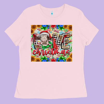 Love Christmas Cow Ladies Tee Designed By Cowhidedigitalart