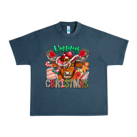 Midnight Navy Happy Christmas Cow Urban Heavy Tee - CowhideDigitalArt
