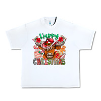White Happy Christmas Cow Urban Heavy Tee - CowhideDigitalArt