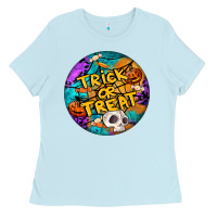 Baby Blue Trick Or Treat Hallowen Round Ladies Tee - LillyAllenDesigns