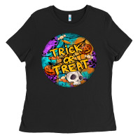 Black Trick Or Treat Hallowen Round Ladies Tee - LillyAllenDesigns
