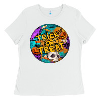 White Trick Or Treat Hallowen Round Ladies Tee - LillyAllenDesigns