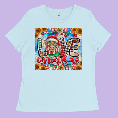 Love Christmas Highland Cow Ladies Tee Designed By Cowhidedigitalart