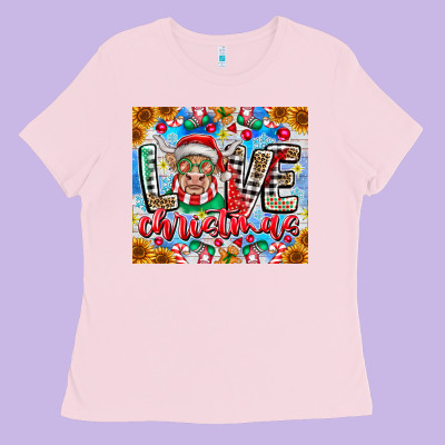 Love Christmas Highland Cow Ladies Tee Designed By Cowhidedigitalart