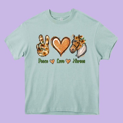 Peace Love Horses Heavy Core Tee Designed By Jasminsmagicworld