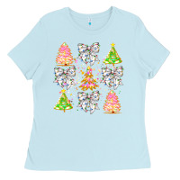 Baby Blue Christmas Trees And Bow Ladies Tee - CowhideDigitalArt