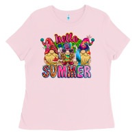 Bubblegum Pink Hello summer Gnome Ladies Tee - CowhideDigitalArt