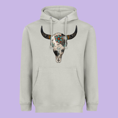Cowhide Bull Skull Heavyweight Hoodie Designed By Jasminsmagicworld