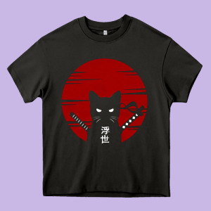 Ninja Cat Japanese Heavy Core Tee Designed By Designefamous