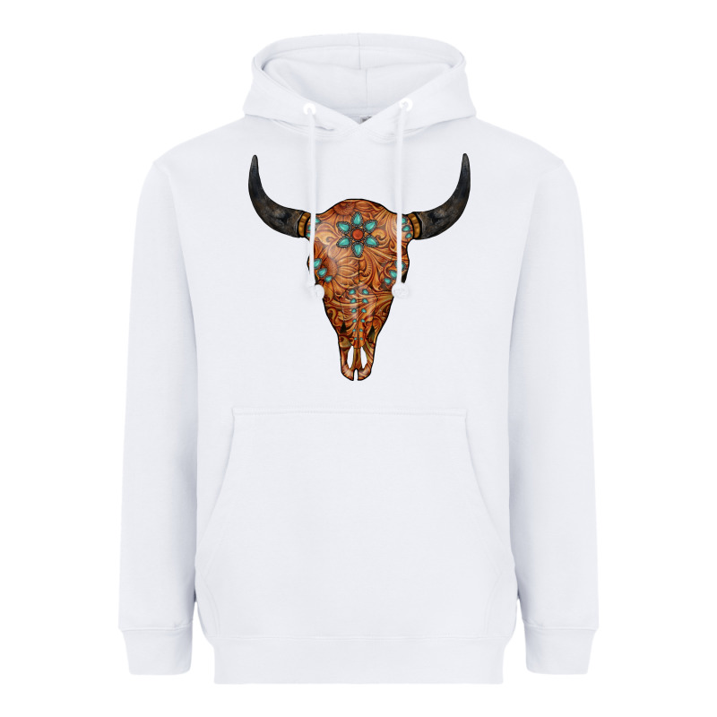 Western Tooled Leather Bull Skull Heavyweight Hoodie by Jasminsmagicworld | Teevron