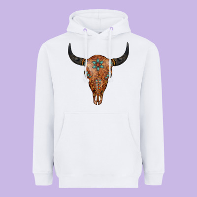 Western Tooled Leather Bull Skull Heavyweight Hoodie Designed By Jasminsmagicworld