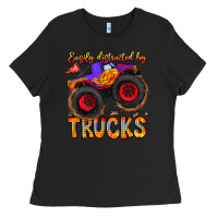 Black Easily Distracted By Trucks Ladies Tee - CowhideDigitalArt