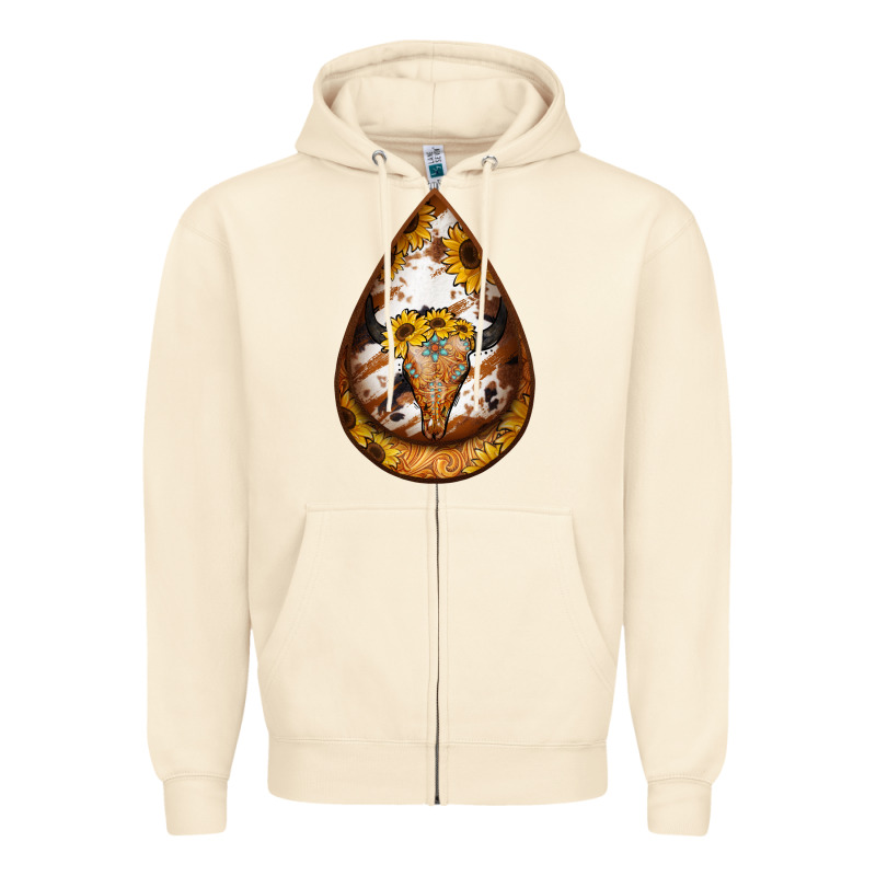 Sunflower Tooled Leather Bullskull Teardrop Earrings Zipper Hoodie by Jasminsmagicworld | Teevron