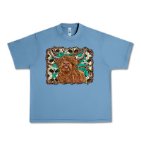 Pebble Blue highland cow western background Urban Heavy Tee - RanaPortraitStore