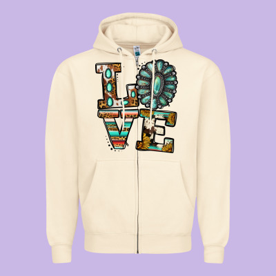 Turquoise Serape Love Zipper Hoodie Designed By Jasminsmagicworld