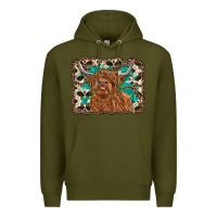 Army Green highland cow western background Premium Hoodie - RanaPortraitStore