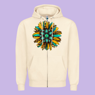 Turquoise Leopard Sunflower Zipper Hoodie Designed By Jasminsmagicworld