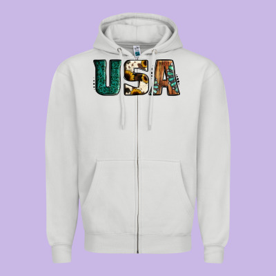 Usa Basic Bold Font Western Zipper Hoodie Designed By Jasminsmagicworld