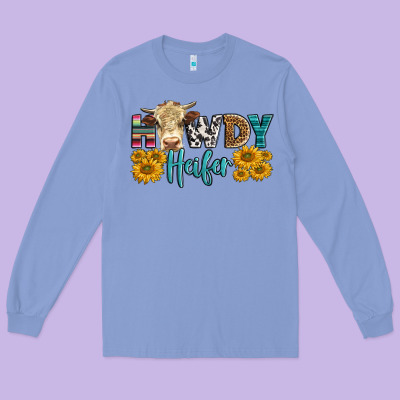 Western Howdy Heifer With Simmental Cow Long Sleeve Tee Designed By Lillyallendesigns