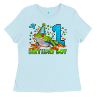 Baby Blue birthday boy frog age 1 Ladies Tee - LillyAllenDesigns