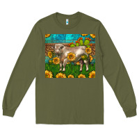 Army Green Western Charolais Bull With Sunflowers Long Sleeve Tee - LillyAllenDesigns