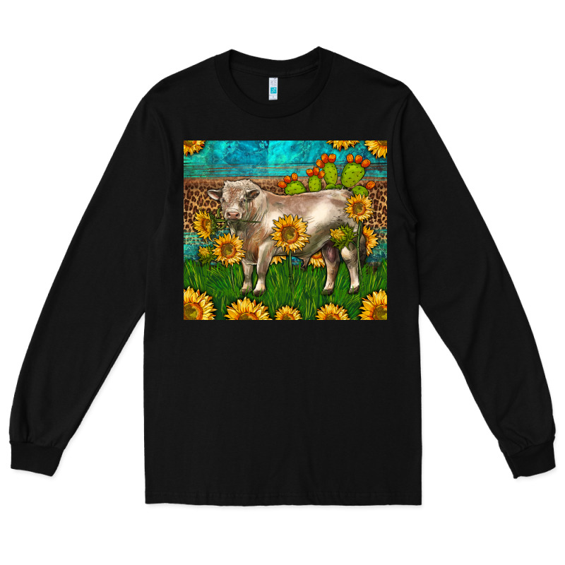 Western Charolais Bull With Sunflowers Long Sleeve Tee by LillyAllenDesigns | Teevron