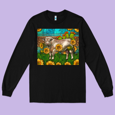 Western Charolais Bull With Sunflowers Long Sleeve Tee Designed By Lillyallendesigns