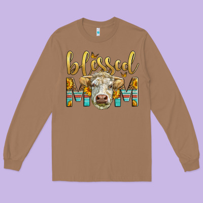 Western Blessed Mom Charolais Bull Long Sleeve Tee Designed By Lillyallendesigns