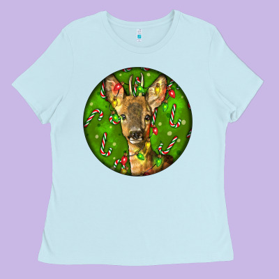 Red Brocket Deer Christmas Ladies Tee Designed By Lillyallendesigns