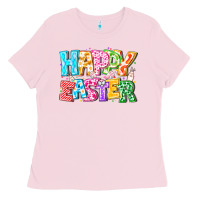 Bubblegum Pink Happy Easter Ladies Tee - CowhideDigitalArt