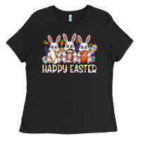 Black Happy Easter Spot Rabbit Ladies Tee - CowhideDigitalArt