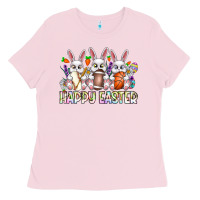 Bubblegum Pink Happy Easter Spot Rabbit Ladies Tee - CowhideDigitalArt