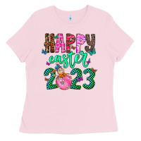 Bubblegum Pink Happy Easter Ladies Tee - CowhideDigitalArt