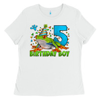 White Birthday Boy Frog Age 5 Ladies Tee - LillyAllenDesigns