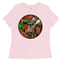 Bubblegum Pink moose buck deer christmas Ladies Tee - LillyAllenDesigns