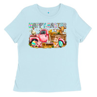 Baby Blue Happy Easter Animal Farm Truck Ladies Tee - CowhideDigitalArt