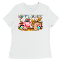 White Happy Easter Animal Farm Truck Ladies Tee - CowhideDigitalArt