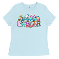 Baby Blue Happy Easter Bunny Ladies Tee - CowhideDigitalArt