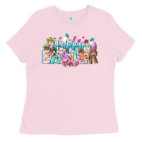 Bubblegum Pink Happy Easter Bunny Ladies Tee - CowhideDigitalArt