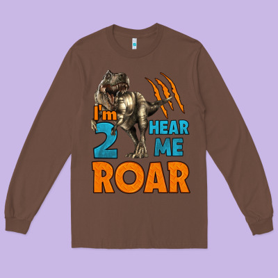 I'm Two Hear Me Roar Dinosaur Birthday Long Sleeve Tee Designed By Lillyallendesigns