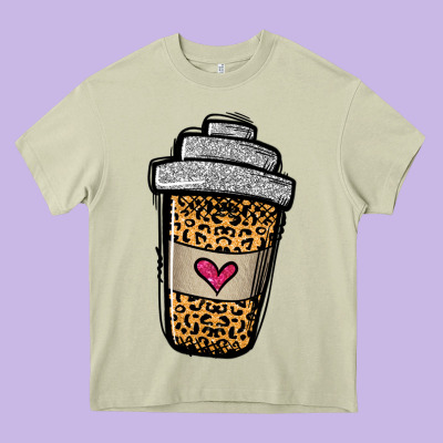Leopard Glitter Coffee Cup Heavy Core Tee Designed By Jasminsmagicworld