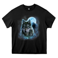 Black t shirt, grey wolf hunting ground, icy moon, forest, galaxy Heavy Core Tee - linhVisuals
