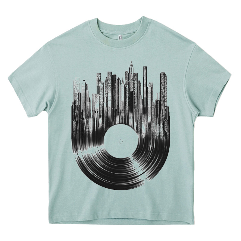 Vinyl Record Cityscape Heavy Core Tee by linhVisuals | Teevron