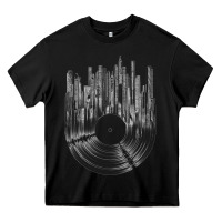 Black vinyl record cityscape Heavy Core Tee - linhVisuals